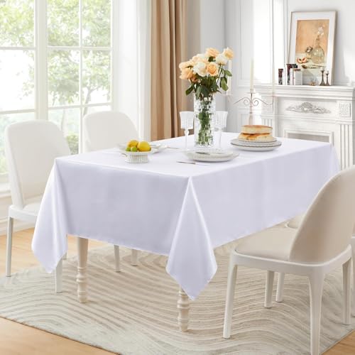 Rechteckige Tischdecke, schmutzabweisend, knitterfrei, seidig weich, Satin-Tischdecke für Esszimmer, Hochzeitsbankett (rund 150 cm/weiß) von UJNHGQ