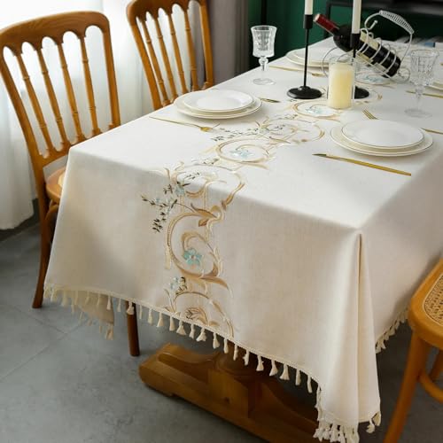 Tischdecken für rechteckige Tische, Tischdecke aus Baumwollleinen, Esstischdecke im Landhausstil, Tischdecken aus weichem Stoff mit Quasten (140 x 260 cm/P) von UJNHGQ
