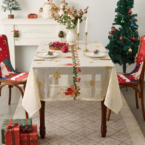 Weihnachtstischdecke, dekoriert mit roter Tischdecke und Glöckchen, Polyesterspitze, Couchtischmatte, Tischdecke, Festivaldekoration (140 x 330 cm/Weihnachtskerzenglocke) von UJNHGQ