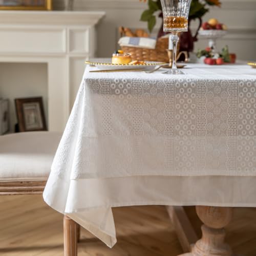 Weiße Tischdecke aus Baumwolle mit Rüschen, Spitze, bestickter Stoff, rustikale Tischdecke für Zuhause, Feiertage, Partys, Weihnachten (150 x 200 cm/Weiß 4) von UJNHGQ