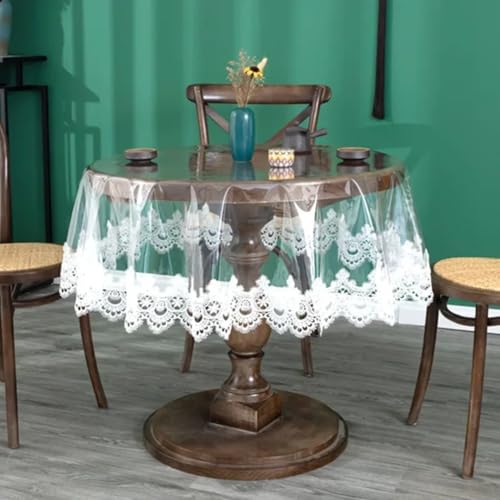 wasserdichte, ölbeständige Tischdecke aus PVC, ölbeständige Tischdecke aus Spitze für Esstisch, transparente Tischdecke mit Spitzensaum (rund 190 cm/Durchmesser) von UJNHGQ