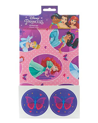 Disney Prinzessinnen-Geschenkpapier, Pink, enthält 2 Bögen und Geschenkanhänger von UK Greetings