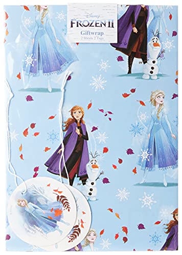 UK Greetings Disney Frozen Geschenkpapier für Mädchen, 2 Bögen und 2 Anhänger, Cartoon-Design aus dem Disney-Film Die Eiskönigin mit Anna, Elsa und Olaf (in englischer Sprache) von UK Greetings