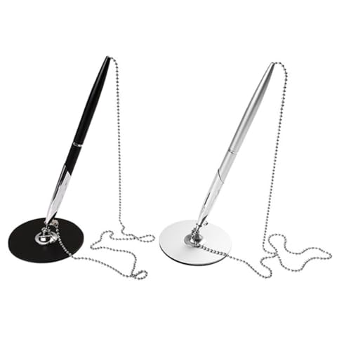 UKCOCO 2 Stück Metall Schreibtisch Kugelschreiber mit Kette Glattes Langlebig und Robust Geschäft Büro Signierstift für Unterschriften und Empfangstheke Schwarz und Silber von UKCOCO