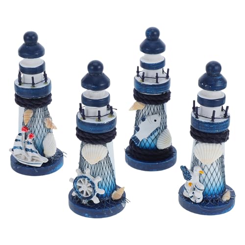 UKCOCO 4 Stück Holz Leuchtturm Modell: Mini Leuchtturm Deko, Mediterraner Stil Nautische Wachturm Figuren, Handgefertigte Tischdekoration, 13 cm, Blau von UKCOCO