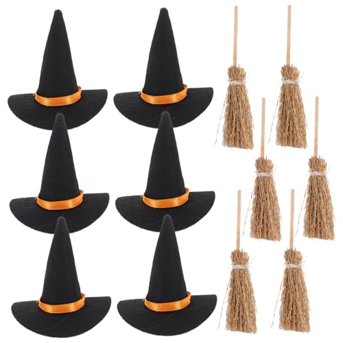 UKCOCO 6Satz Mini Hexenhut mit Besen Halloween Dekorationsset aus Kleine Hüte für DIY Bastelprojekte für Halloween Partys und Cosplay Teilig Hüte Besen von UKCOCO