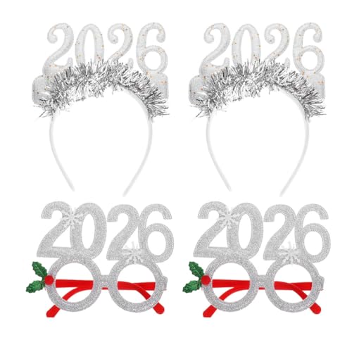 UKCOCO Silvester-dekorationen 2026: 4 Stück Neujahrs-stirnbänder, Brillen, Foto-requisiten für Partys, 2 Stück Brillen + 2 Stück Stirnbänder von UKCOCO
