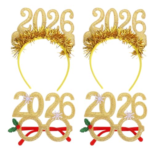 UKCOCO Silvester-dekorationen 2026: 4 Stück Neujahrs-stirnbänder, Brillen, Foto-requisiten für Partys, 2 Stück Brillen + 2 Stück Stirnbänder von UKCOCO