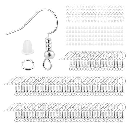Ohrring Haken, Ohrhänger Ohrhaken Schmuckherstellung, Ohrringe Selber Machen Set, Ohrringe Basteln mit Perlen und Spule für DIY Ohrhänger (Silber, 300 Stück) von UKOFEW