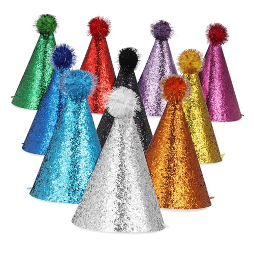 ULDIGI 10 Stück Teiliges Bunte Geburtstags-partyhütchen aus Leichtem Polyester Kegelförmig mit Stabilem Trageband für Erwachsene und Haustiere Vielseitig Einsetzbar Farbenfrohe von ULDIGI