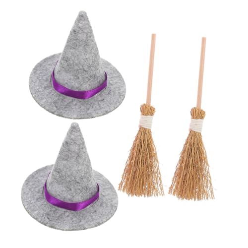 ULDIGI 2 Sätze Mini Hexenhut und Besen Realistische Miniatur Dekoration für Puppenhaus Glatte Oberfläche Atmosphärisch und Elegant Geeignet für Halloween Party Deko und Kreative von ULDIGI