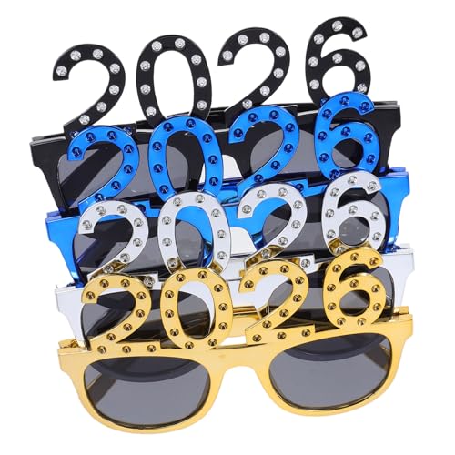 ULDIGI 4 Stück Neujahrsbrillen mit Funkelnder Diamantoptik Leichte Partybrillen für Silvesterfeiern Bunte Foto Requisiten in Gold Silber Blau Schwarz für Festliche Anlässe und von ULDIGI