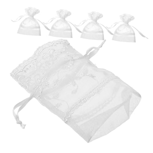 ULDIGI 5 Stück Weiße Organzasäckchen mit Kordelzug Kleine Schmuckbeutel mit Faltbarem Boden Vielseitig für Ohrringe Ringe und Kleine Geschenke Dekorativ mit Fünfblättrigem Blumenmotiv von ULDIGI