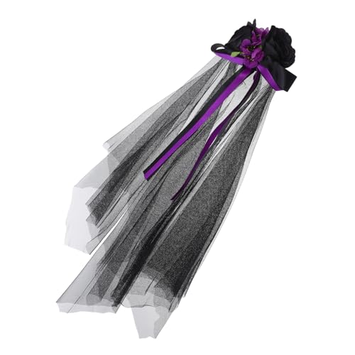 ULDIGI Halloween Rosenkranz mit Schwarzem und Violettem Schleier Floraler Gothic Haarschmuck für Damen Leichter Blumen Haarreif Vielseitiges Party und Day Of The Dead Accessoire von ULDIGI