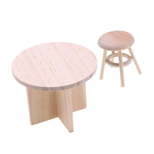 ULDIGI Miniatur Möbelset aus Massivem Holz Runder Tisch und Hocker Handgefertigt Naturbelassen Kompakt für Puppenhaus und Tiny House Dekoration von ULDIGI