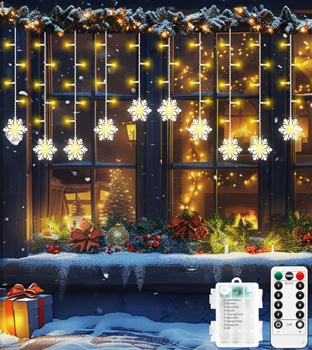 ULIGHTOWN Weihnachts-Schneeflocken-Vorhang-Lichter, 90 LEDs, 3,5 m, batteriebetrieben, 8 Modi, wasserdichtes Eiszapfenlicht für Fenster, Garten, Party, Schlafzimmer, Terrassendekoration (Warmweiß) von ULIGHTOWN