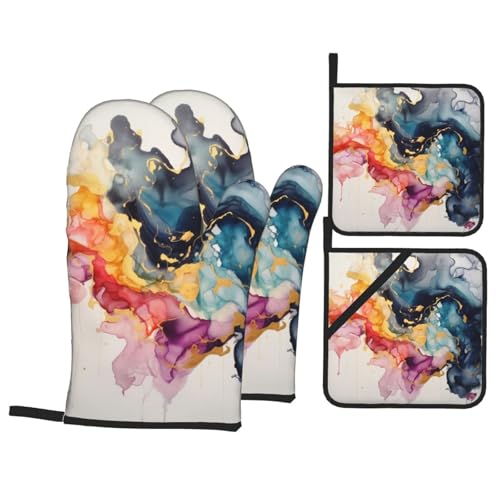 Bunte Gouache Bedruckter Ofenhandschuh und Topflappen Set von 4 Stück hitzebeständige Küchenhandschuhe und Topflappen zum Kochen Backen Grillen von ULKMFFCF