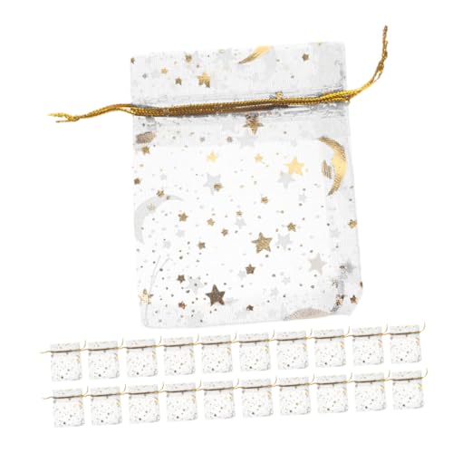 ULTECHNOVO 100 Stück Organza Geschenktüten mit Kordelzug Atmungsaktive Beutel mit Stern und Mondmuster für Schmuck und Partybedarf Weiß mit Goldprägung von ULTECHNOVO