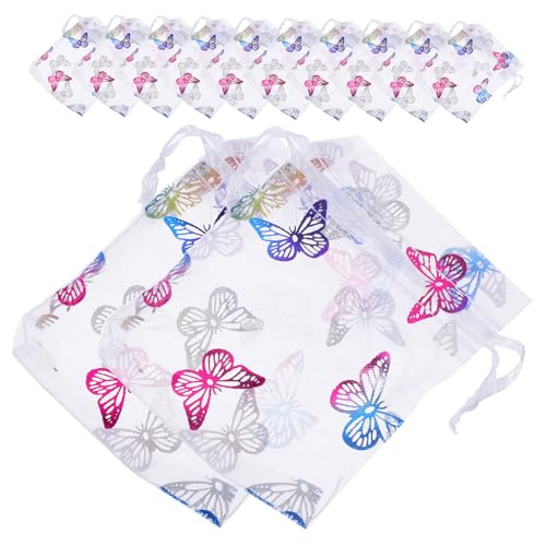 ULTECHNOVO 50Stücke Organzasäckchen mit Schmetterlingsmuster Kleine Kordelzug Netzbeutel für Schmuck und Süßigkeiten für Hochzeiten und Partys von ULTECHNOVO