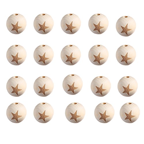 Ultnice Holzperlen, 20 mm, unlackiert, natürliche Farbe, runde Perlen, als Abstandshalter, für Heimwerken und Bastelarbeiten (fünfzackiger Stern), 20 Stück von ULTNICE