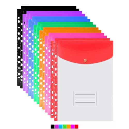 14 Stück gelochte Taschen A4 Kunststoffhüllen 11 Löcher erweiterbare Bindertasche Bunte Dateihüllen, transparente Druckknopf-Dokumentenmappen mit Knopfverschluss und Etikettentasche für Schule, von ULVBABI