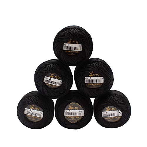 UMC STAG 6 Knäuel schwarz Farbe 310 Premium Perlgarn Baumwolle Stickgarn Größe 8 | 100% ägyptische Baumwolle Häkelgarn | Kreuzstich-Stickgarn | Oeko TEX zertifiziert | 10 Gramm pro Knäuel (schwarz) von UMC STAG