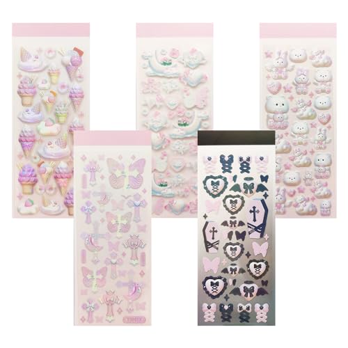 UMCHU 5 Blätter 3D Laser Sticker,Bär, Hase, Schmetterling, dunkles Herz, Eiscreme-Aufkleber,Glänzende Kunstharz-Aufkleber,für DIY Scrapbook Laptop(5 Stile) von UMCHU