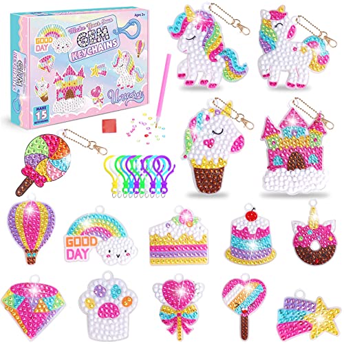 UMILKI 15 Pcs 5D Diamond Painting Kinder, Mädchen Diamond Painting Schlüsselanhänger Einhorn mit Karabiner Pinsel, Diamant Malerei Schlüsselanhänger für kinder ab 8 jahre von UMILKI