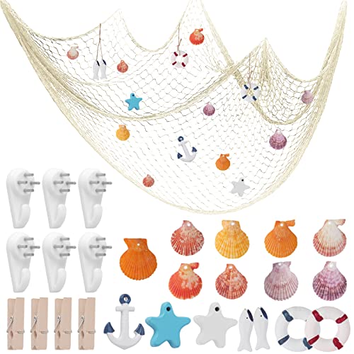 25 Pcs Fischernetz Deko Groß Set, 1.5 * 2M Mit Muscheln Haken Clip, Maritime Dekoration für Wand, Hochzeit, Party, Wohnzimmer, Fotografie Aufhängen von UMILKI