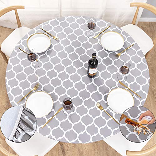 UMINEUX Runde Vinyl-Tischdecke mit elastischem Rand und Flanell-Rückseite, wasserdicht, abwischbar, für drinnen und draußen, Terrasse, passend für Tische mit Durchmesser 102–112 cm (Grau-Marokkanisch) von UMINEUX
