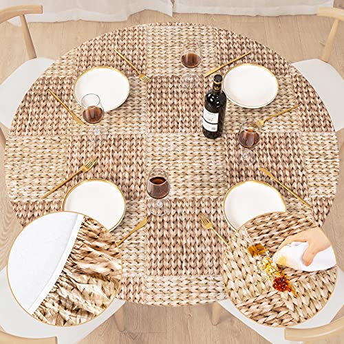 UMINEUX Runde Vinyl-Tischdecke mit elastischem Rand und Flanell-Rückseite, wasserdicht, abwischbar, für drinnen und draußen, Terrasse, passend für Tische mit Durchmesser 114–142 cm (Weißer Marmor) von UMINEUX