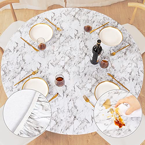 UMINEUX Runde Vinyl-Tischdecke mit elastischem Rand und Flanell-Rückseite, wasserdicht, abwischbar, für drinnen und draußen, Terrasse, passend für Tische mit Durchmesser 114–142 cm (Weißer Marmor) von UMINEUX