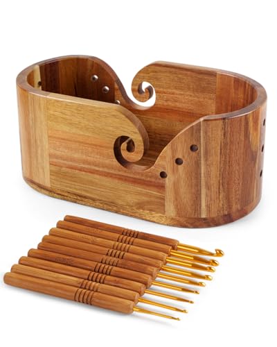 Ovale Garnschale, Häkelgarnhalter mit 9 Strickhaken, Garnaufbewahrung, Häkelschale, Stricken für Häkelarbeiten, große Garnschale, Akazienholz, 28,7 x 15 x 11,9 cm (Akazien-Garnschale) von UNAYMIDY