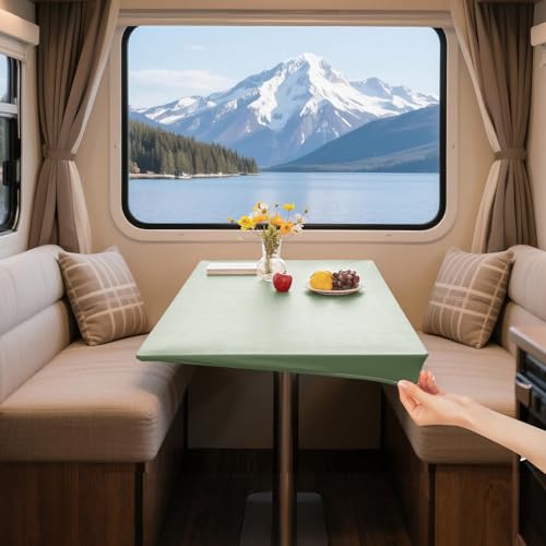 UNBBRRL Elastisches Leder Wohnwagen Dinette Tischtuch, 100% Wasserdicht No Wash Tischabdeckung, Staubdicht Öl Proof Tabelle Protctor Mit 4 Krawatten (Matcha,80cm*140cm) von UNBBRRL