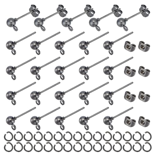 UNICRAFTALE 100 Sets Kugel Ohrstecker Gunmetal Kugel Ohrstecker Metall DIY Ohrring Zubehör Mit Biegeringen Und Ohrmuttern 6.5 mm Runde Kugel Ohrringe Für Frauen Tropfen Ohrring Herstellung von UNICRAFTALE