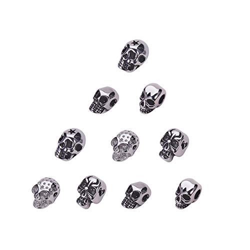 UNICRAFTALE 10pcs 5 Styles Edelstahl Schädel Perlen Antik Silber & Edelstahl Farbe Spacer Perlen Kleine Loch Perle Halloween Dekoration Für Die Schmuckherstellung von UNICRAFTALE