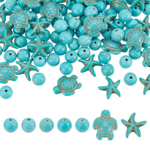UNICRAFTALE 110 Stück 3 Stile Meeresschildkröten Perlen Seestern Perlen Runde Perlen 8mm Türkisfarbene Perlen Seestern Schildkröte DIY Sommer Ozean Tier Abstandshalter Perlen Zur Schmuckherstellung von UNICRAFTALE