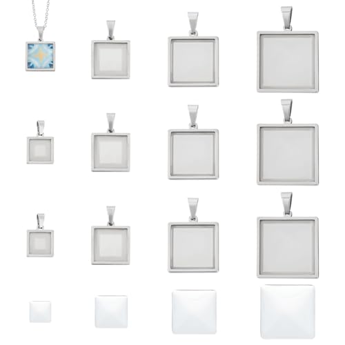 UNICRAFTALE 12 Sets 4 Größen Edelstahl DIY quadratische Cabochon-Einstellungen, Kuppel-Lünette, Tablett, Charms mit Glas-Cabochons, blanko Lünette, Anhängerherstellungs-Set für Schmuckherstellung, 10 von UNICRAFTALE