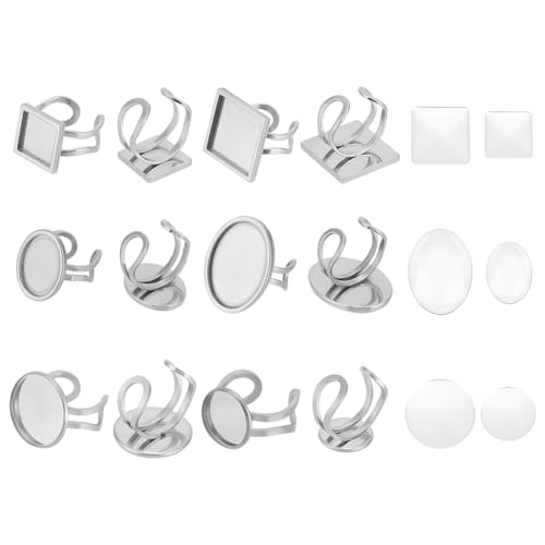 UNICRAFTALE 12 Sets 6 Größen flache runde Cabochon-Ringschalen aus Edelstahl, blanke Ringe, verstellbare Fingerringbasis, quadratisch, offene Manschettenringrohlinge mit 12 Stück Klarglas-Cabochons UNICRAFTALE 12 Sets 6 Größen flache runde Cabochon-Ringschalen aus Edelstahl, blanke Ringe, verstellbare Fingerringbasis, quadratisch, offene Manschettenringrohlinge mit 12 Stück Klarglas-Cabochons von UNICRAFTALE