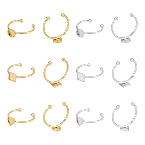 UNICRAFTALE 12 Stück 3 Stil 2 Farben Blankoringe Offene Manschettenring Edelstahl Komponenten Ringrohlinge Pad Ringfassungstablett 6mm Rundes Cabochon Lünettentablett Blanko Ringtablett Flacher Basis von UNICRAFTALE