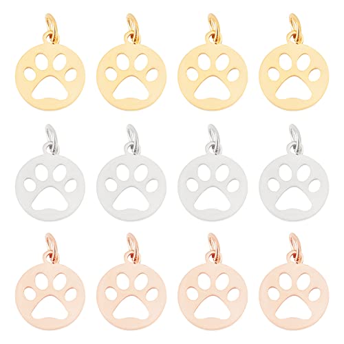UNICRAFTALE 12Stk 3 Farben Flach Rund Hundepfotenabdrücken Charms Metall Hundepfoten Anhänger Edelstahl Charms Anhänger 4mm Loch Haushund Anhänger Schmuck Anhänger Für Armbänder Schmuckherstellung von UNICRAFTALE
