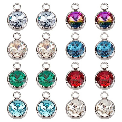 UNICRAFTALE 16 STK 8 Farben 2.5mm Loch 304 Edelstahl Glas Charms Rhinestone Verbindungs Anhänger Flache Runde Birthstone Charm Kristall Glas Links Charms Tropfen Anhänger Für Die Schmuckherstellung von UNICRAFTALE