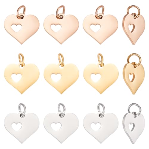 UNICRAFTALE 18 Stk 3 Farben Edelstahl Herz Anhänger 12mm Lang Hohl Charms Herz Mit Herz Anhänger Metall Valentinstag Heart Charms Mit Sprungringen Für Halskette Ohrringe Armband DIY Schmuckherstellung von UNICRAFTALE