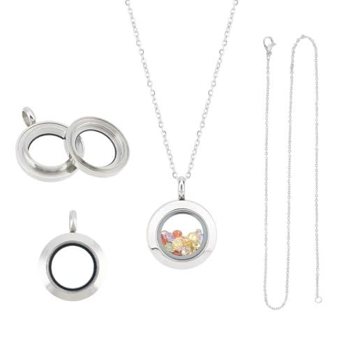 UNICRAFTALE 2 Stück Edelstahl Floating Medaillon Anhänger Kristall Doppelseitiger Rahmen Memory Medaillon Charm Glasbehälter Memory Flacher Runder Charm Mit 45cm Halskette Für Schmuckherstellung von UNICRAFTALE