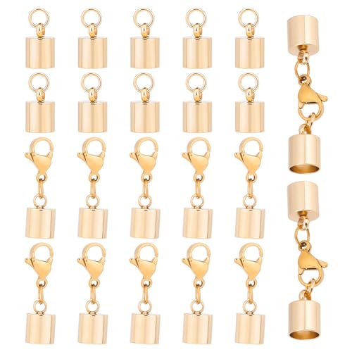 UNICRAFTALE 20 Paar Goldene Kordelendkappen Aus Edelstahl Mit Biegeringen Und Karabinerverschlüssen Lederkordelenden Crimp Endspitzen Für Die Schmuckherstellung von UNICRAFTALE