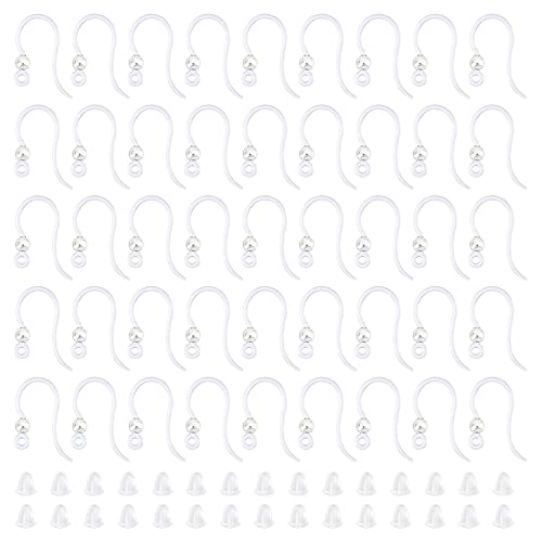UNICRAFTALE 200 Sets Ohrring Haken 15.5 mm Transparente Kunststoff Ohrhaken Ohrring Angelhaken mit 200Stk Ohrmuttern DIY Ohrring Zubehör mit runder Edelstahl Perlen für Ohrringe Machen von UNICRAFTALE