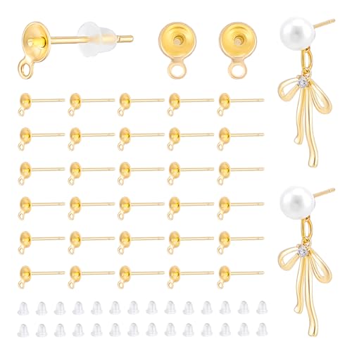 UNICRAFTALE 200 Stück 18K Vergoldete Perlen Ohrstecker Edelstahl Ohrstecker 4mm Für Halbgebohrte Perlen Mit 200 Stück Kunststoff Ohrmuttern Ohrringe Selber Machen Set Zur Schmuckherstellung von UNICRAFTALE