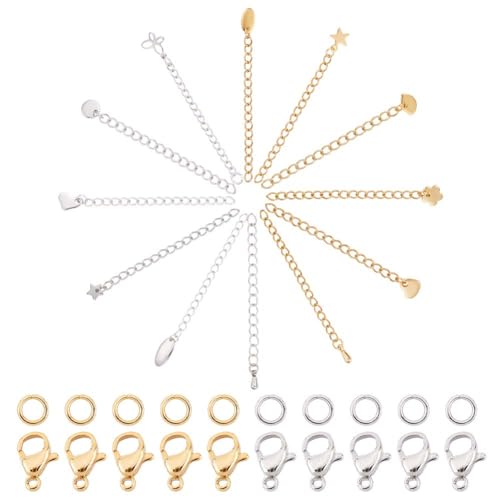 UNICRAFTALE 24 Stränge 12 Stile Edelstahl Kettenverlängerung 30 Stk 2 Farben Karabinerverschlüsse 30 Stk 3.4 mm Sprungringe Metall Kettenverlängerung Set Für DIY Halskette Armband Schmuckherstellung von UNICRAFTALE