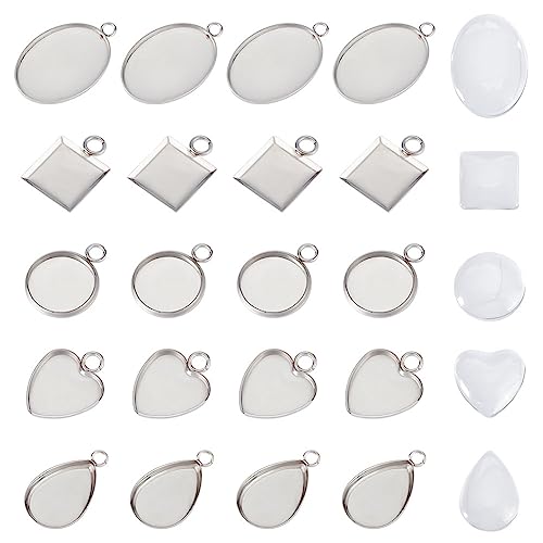 UNICRAFTALE 30 Sets 5 Stile Cabochon Anhänger 304 Edelstahl Anhänger Tabletts Rohlinge Lünette Ovales Tropfen Herz Flache Runde Quadratische Tabletts Mit Glas Cabochons Für Schmuckherstellung von UNICRAFTALE