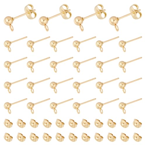 UNICRAFTALE 30 Stück 24 Karat Vergoldete Ohrstecker Beschläge 15x7mm Goldene Kugel Ohrstecker Mit Ohrmuttern Und Schlaufen Ohrring Beschlägen Ohrring Komponente Für Die DIY Schmuckherstellung von UNICRAFTALE